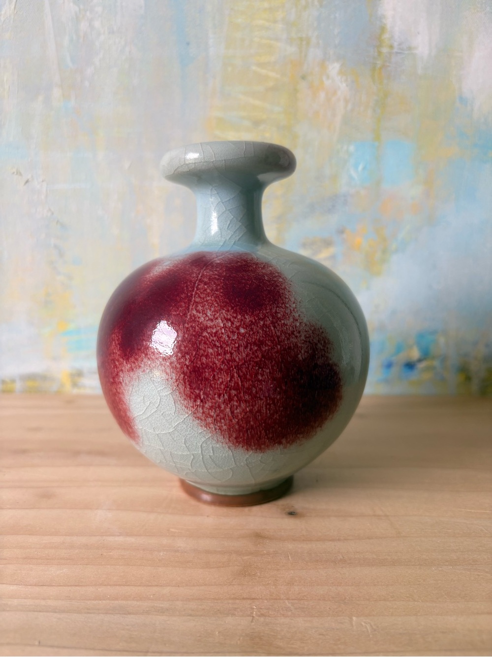 Vintage Sang De Boeuf (Oxblood) Celadon Vase with Deep Red Glaze Accents